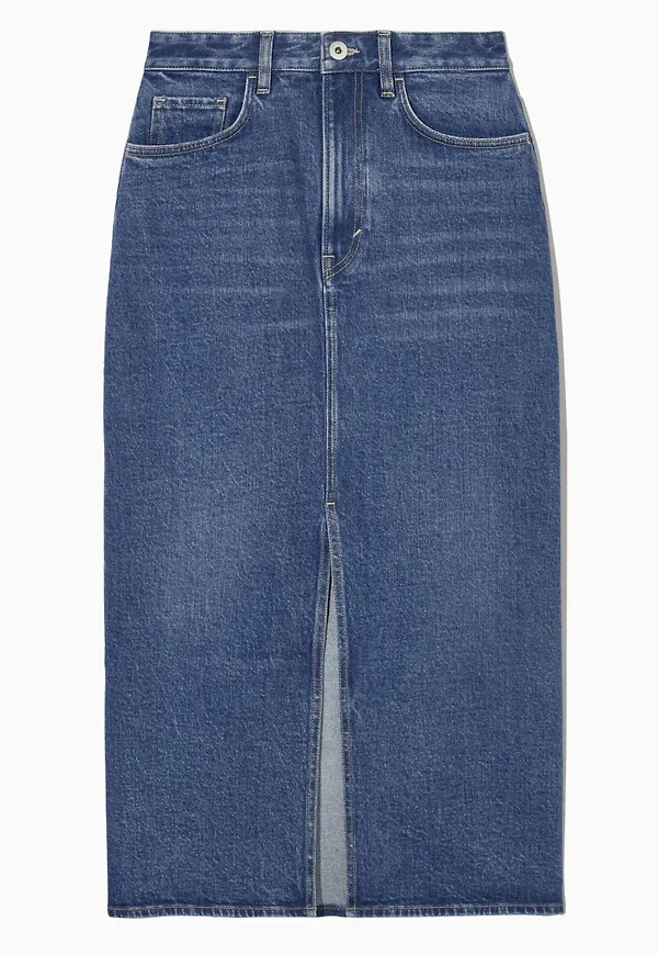 FRONT-SLIT DENIM MIDI SKIRT