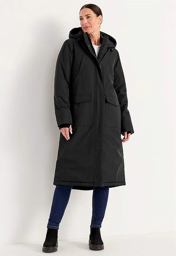 Funktionell, varmfodrad, lång parkas