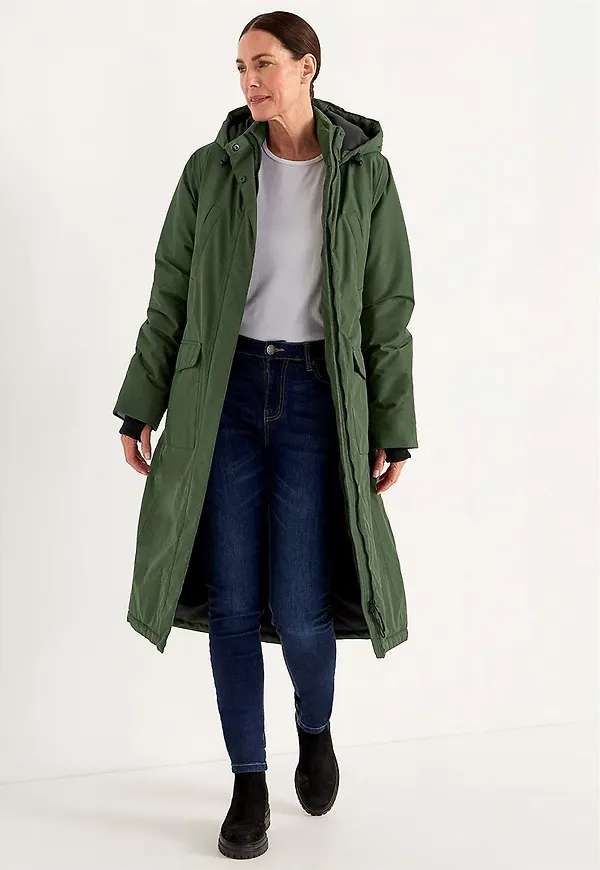Funktionell, varmfodrad, lång parkas