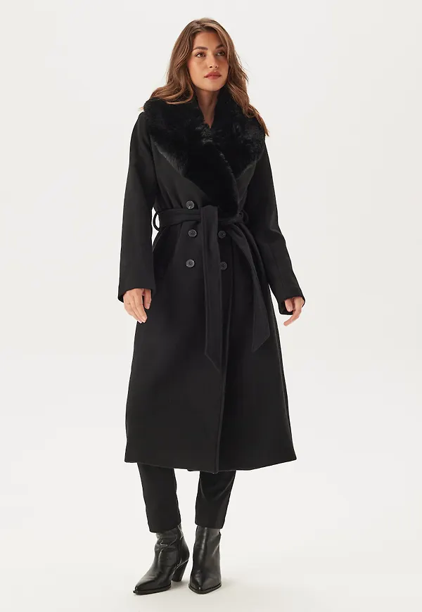 Fur Collar Belted Wool Blend Coat