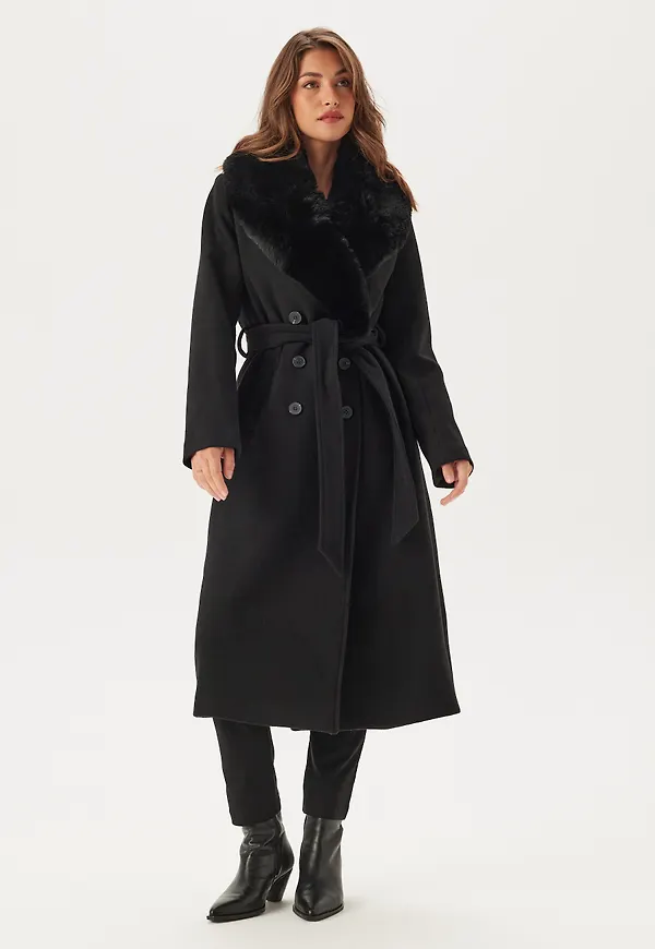 Fur Collar Belted Wool Blend Coat