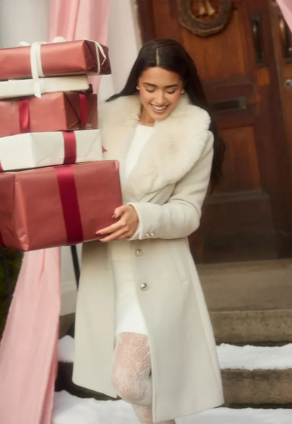 Fur Collar Wool Blend Coat