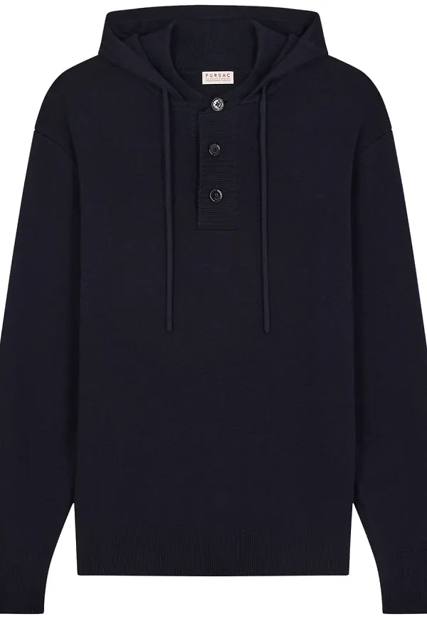 FURSAC stickad hoodie med knäppning - Blå