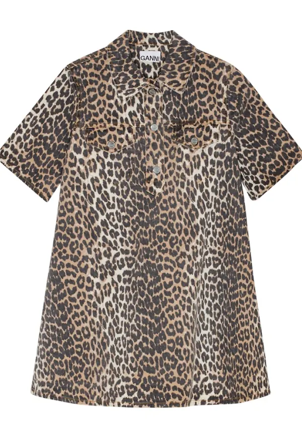 Ganni, Klänning, Dam, L, Denim, Leopardmönstrad Mini-klänning i Denim