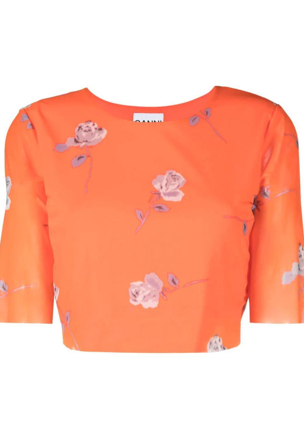 GANNI blommig t-shirt med meshdetalj - Orange