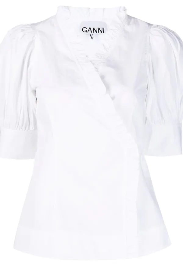 GANNI blus med volangkant - Vit