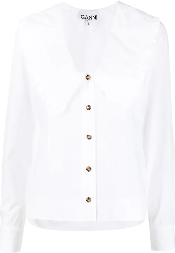 GANNI blus med volangkrage - Vit
