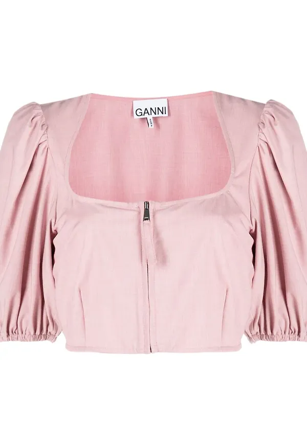 GANNI cropped puff-sleeve blouse - Rosa