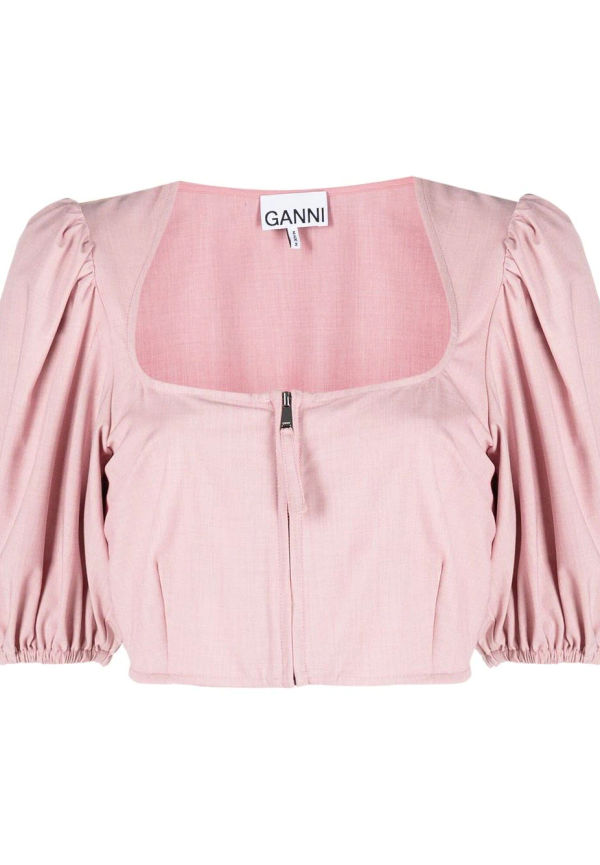 GANNI cropped puff-sleeve blouse - Rosa