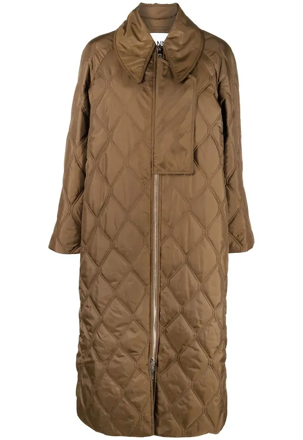 GANNI diamantquiltad lång kappa - Brun