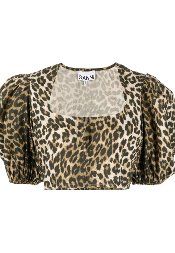 GANNI leopard-print puff-sleeve cropped blouse - Neutral