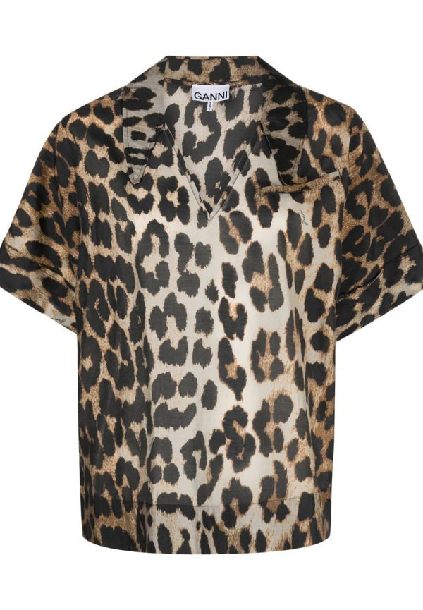GANNI leopardmönstrad kortärmad blus - Neutral