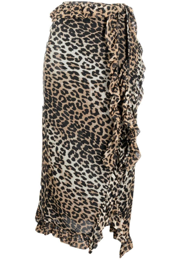 GANNI leopardmönstrad midikjol med volang - Brun