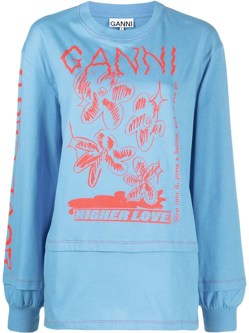 GANNI långärmad t-shirt med grafiskt tryck - Blå