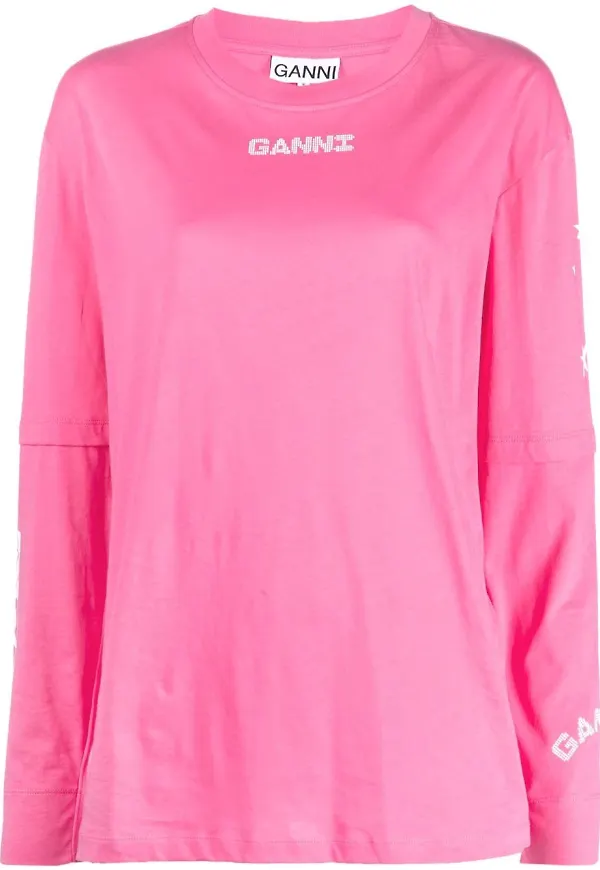 GANNI långärmad t-shirt med slogan - Rosa