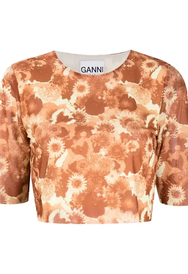 GANNI mesh-detail floral-print T-shirt - Orange