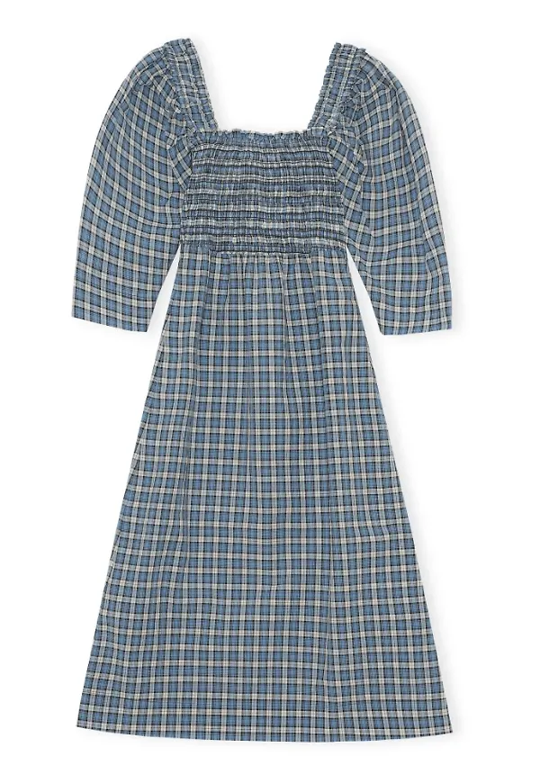 Ganni Midiklänning Seersucker Check Smock Blå, Dam