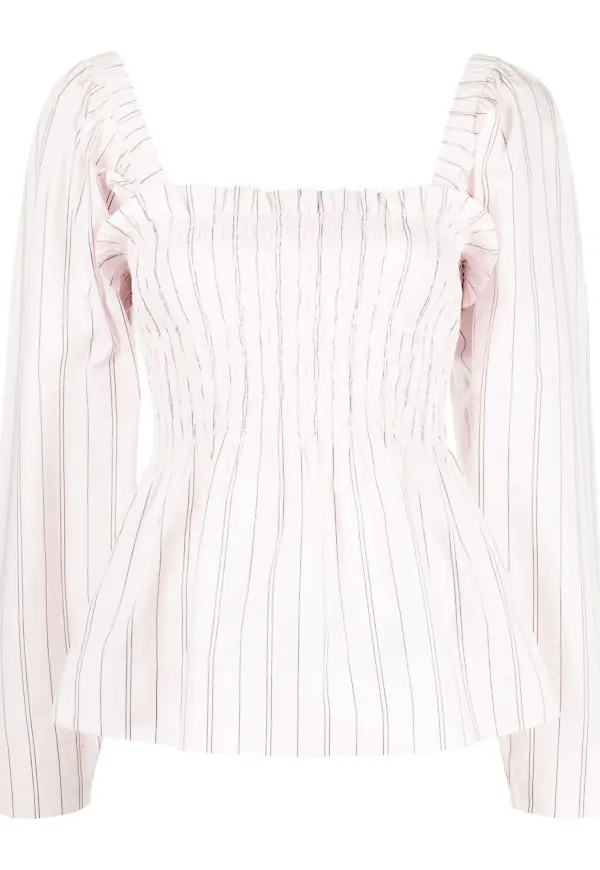 GANNI randig smockad topp - Rosa