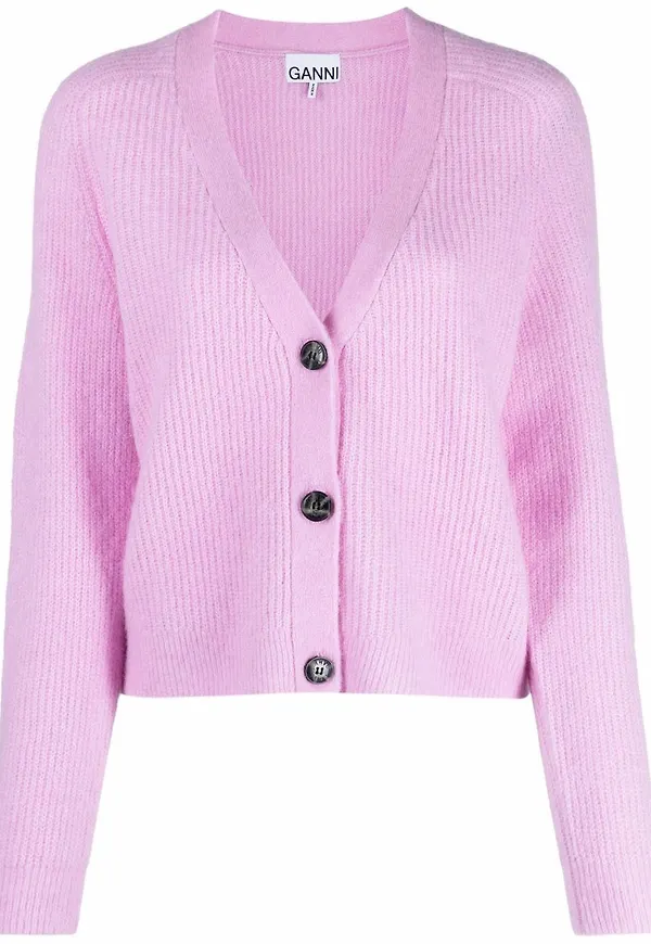 GANNI ribbad v-ringad cardigan - Lila