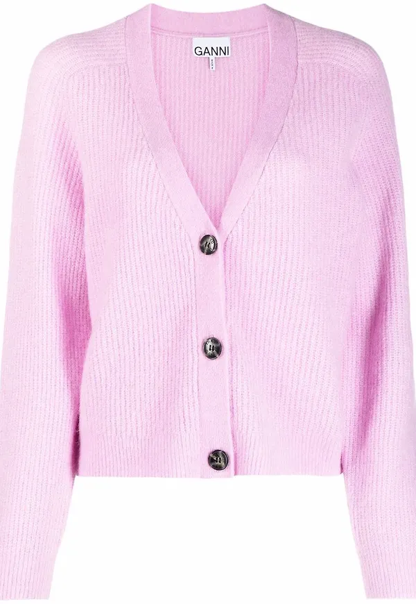GANNI ribbad v-ringad cardigan - Rosa