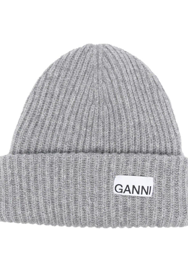 GANNI ribbstickad mössa med logotyp - Grå
