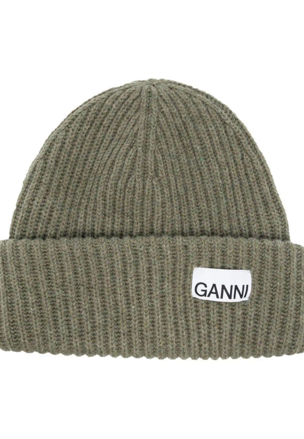 GANNI ribbstickad mössa med logotyp - Grön