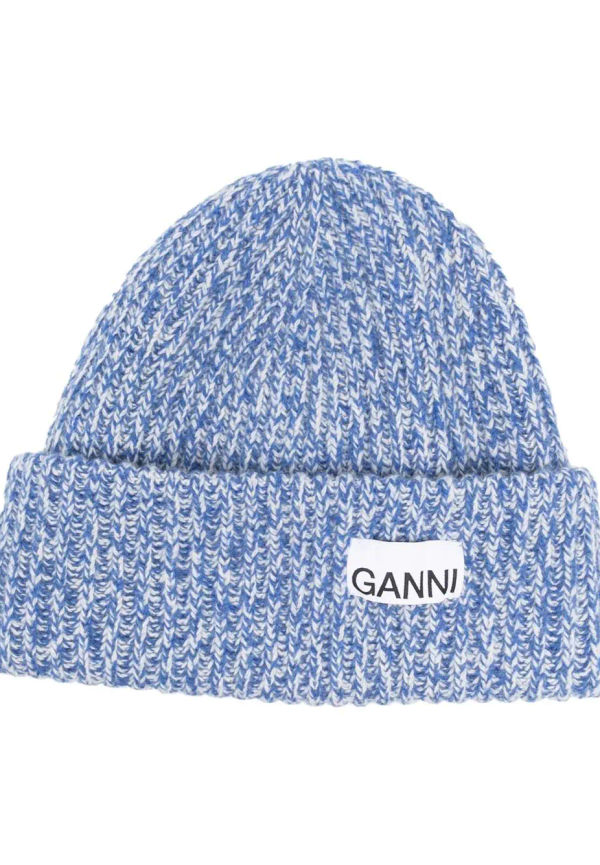 GANNI ribbstickad mössa med logotypmärke - Blå