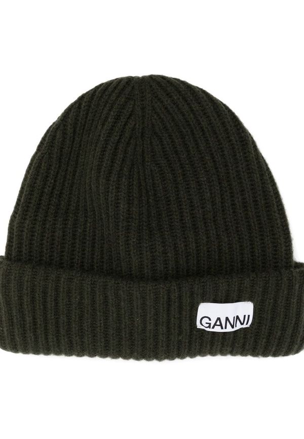 GANNI ribbstickad mössa med logotypmärke - Grön
