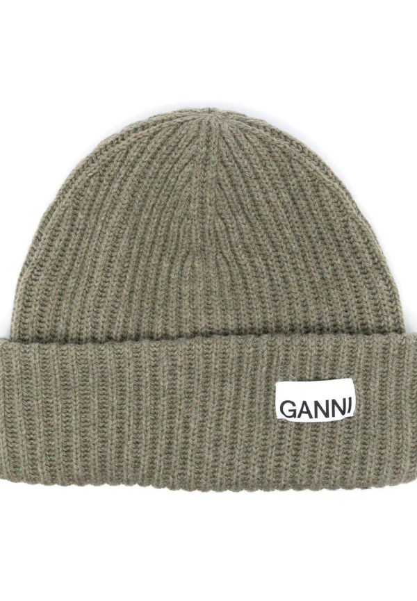 GANNI ribbstickad mössa med logotypmärke - Grön