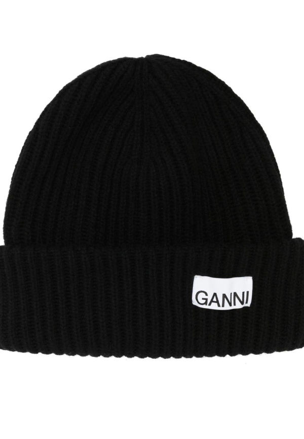 GANNI ribbstickad mössa med logotypmärke - Svart