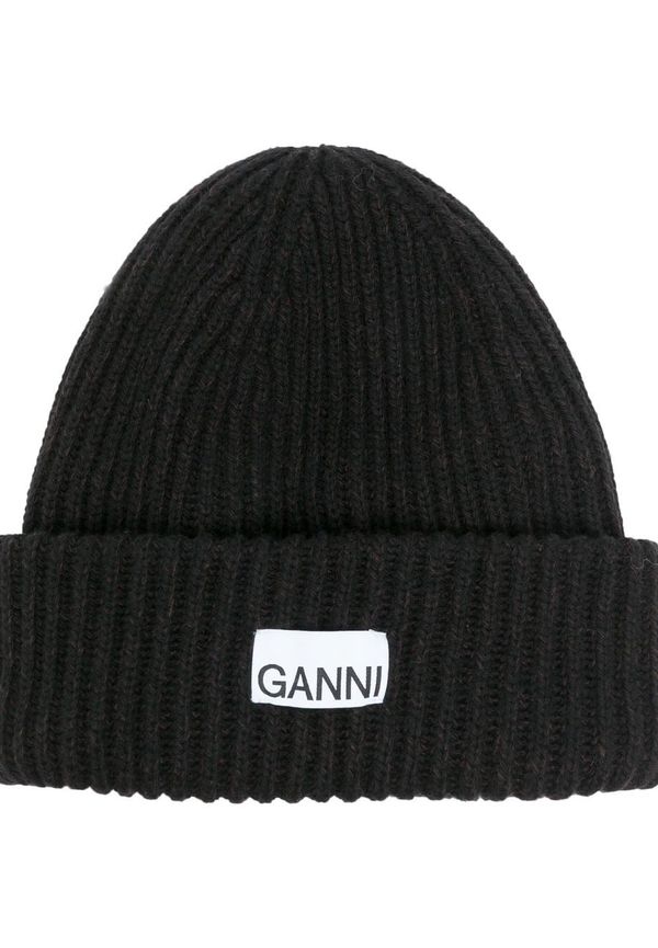 GANNI ribbstickad mössa med logotypmärke - Svart
