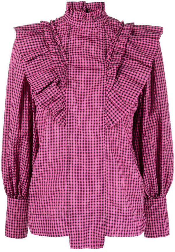 GANNI rutig långärmad blus - Rosa