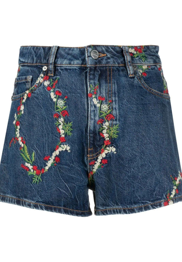GANNI shorts med blommig brodyr - Blå