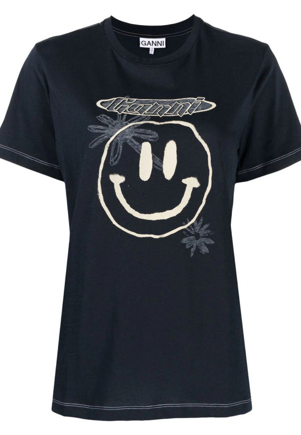 GANNI t-shirt med smileytryck - Blå