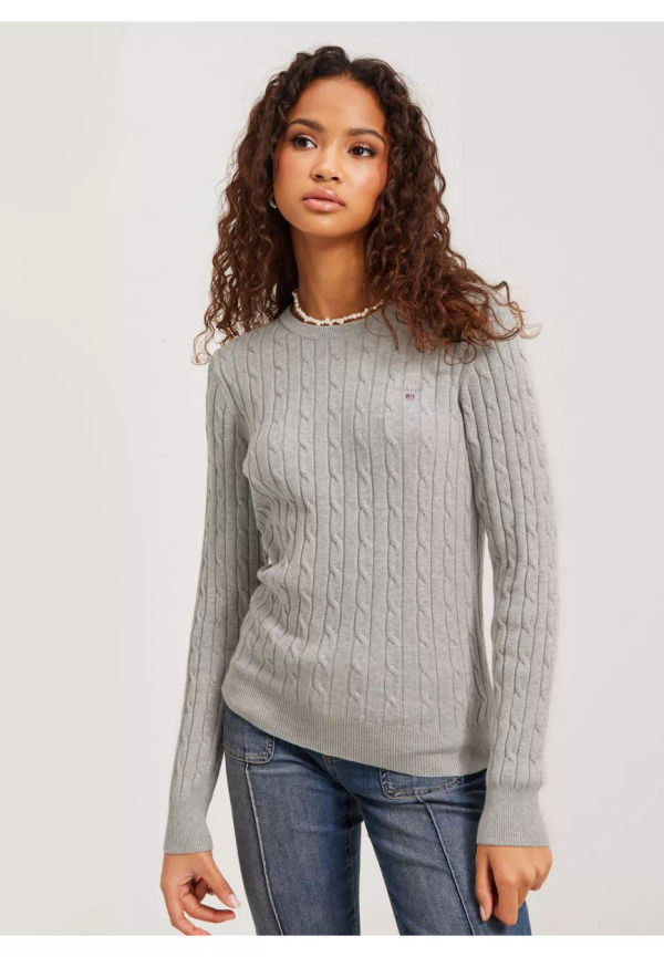 Gant Stretch Cotton Cable C-Neck Kabelstickade tröjor Light Grey Melange