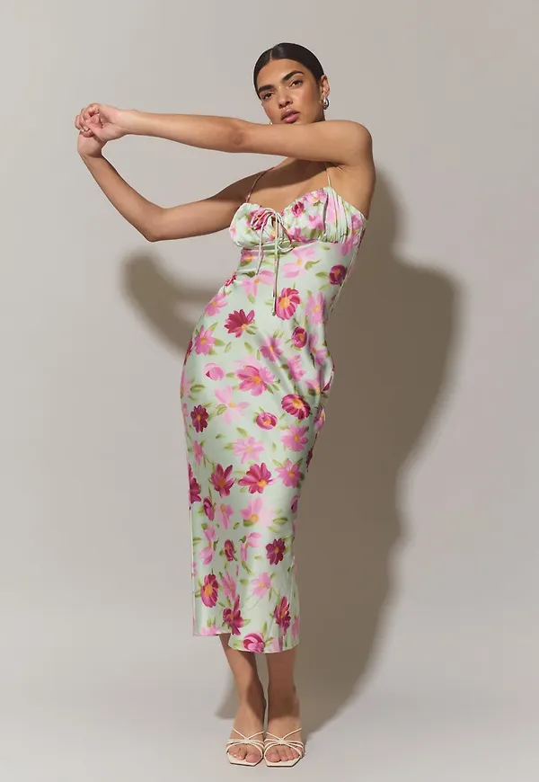 Gathered bust midi strap dress
