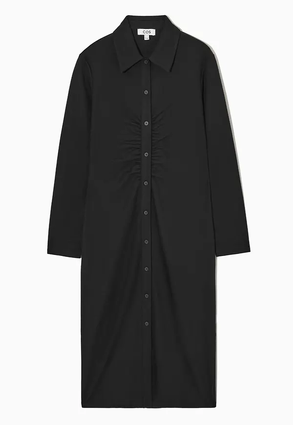 GATHERED MIDI SHIRT DRESS
