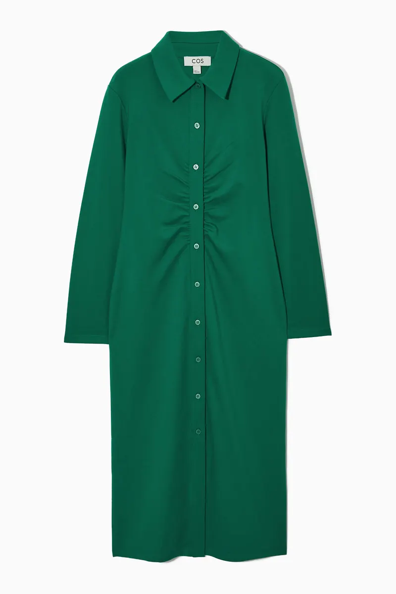 GATHERED MIDI SHIRT DRESS