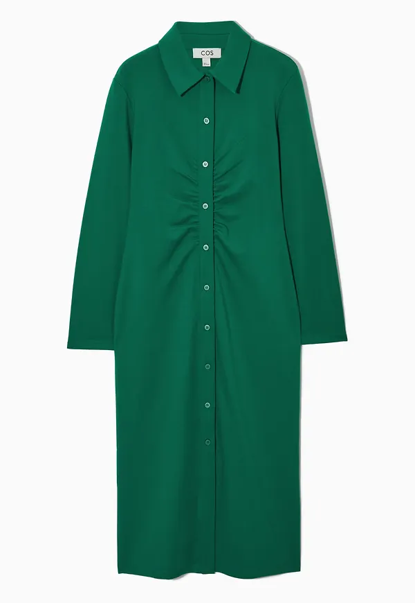 GATHERED MIDI SHIRT DRESS