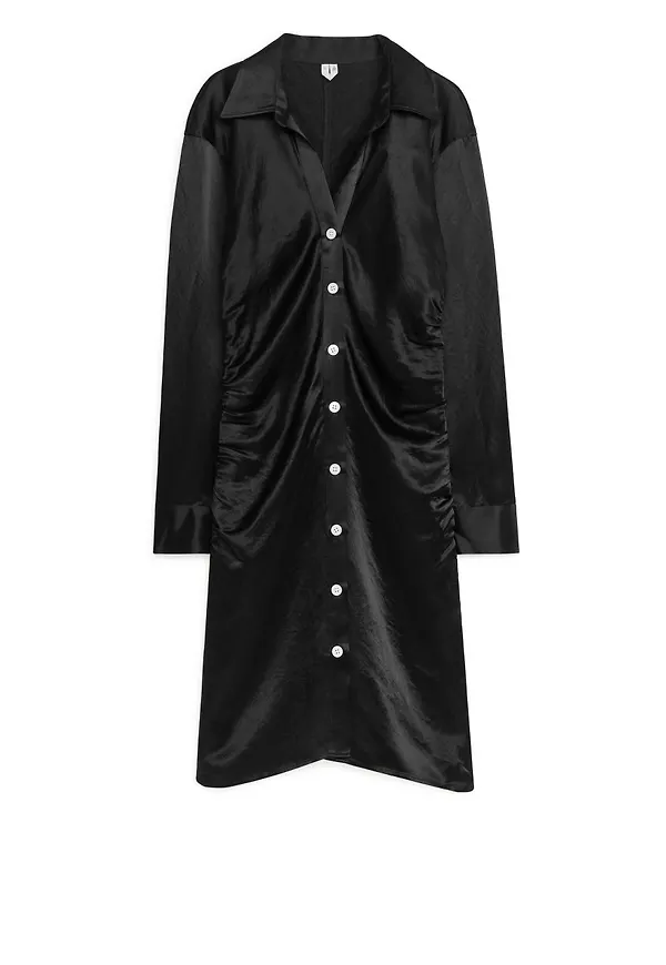 Gathered Satin Shirt Dress - Black