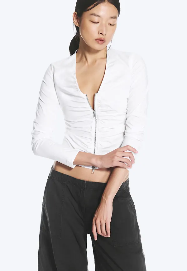 Gathered V-Neck Zip Top