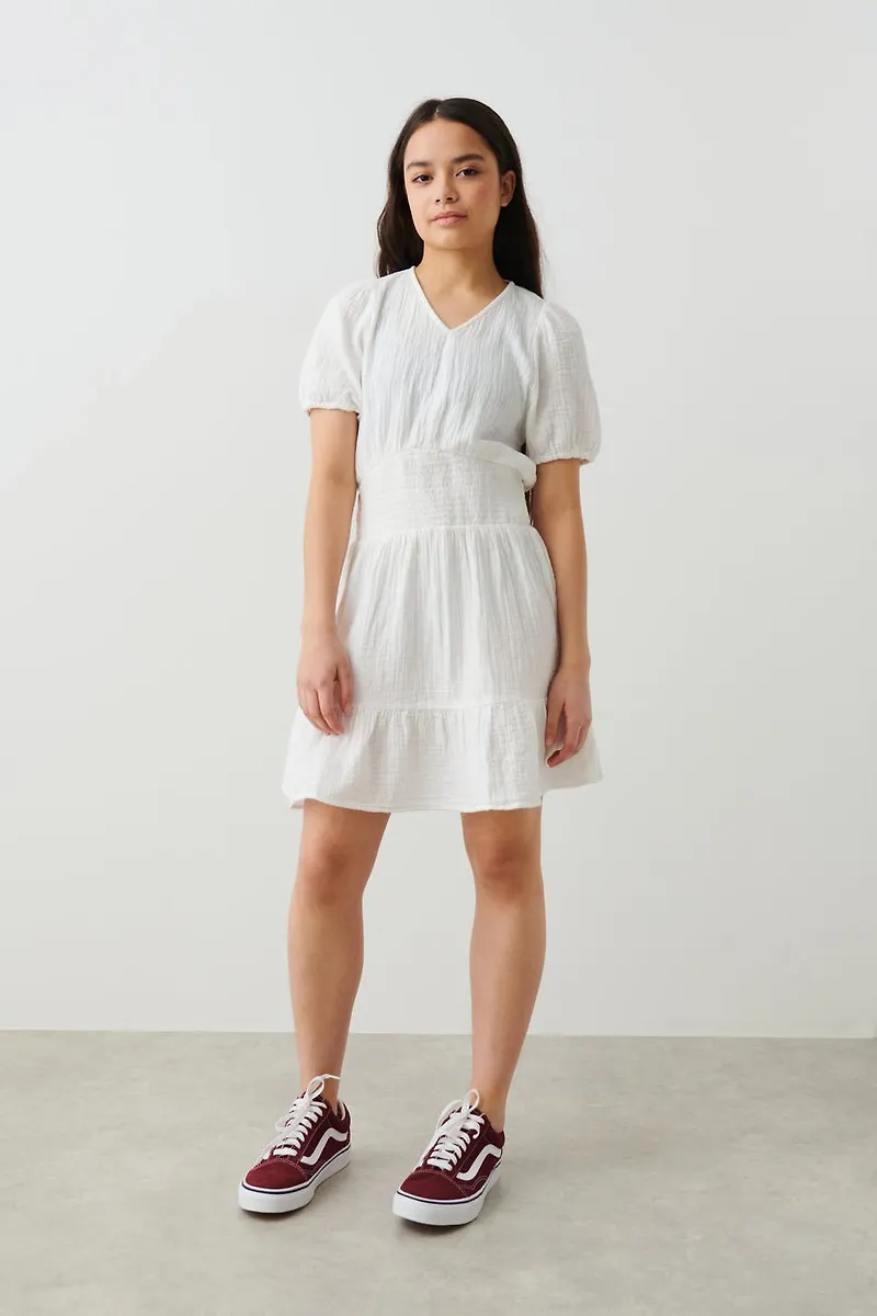 Gina Tricot - Y gauze frill dress - klänningar - White - 134/140 - Female