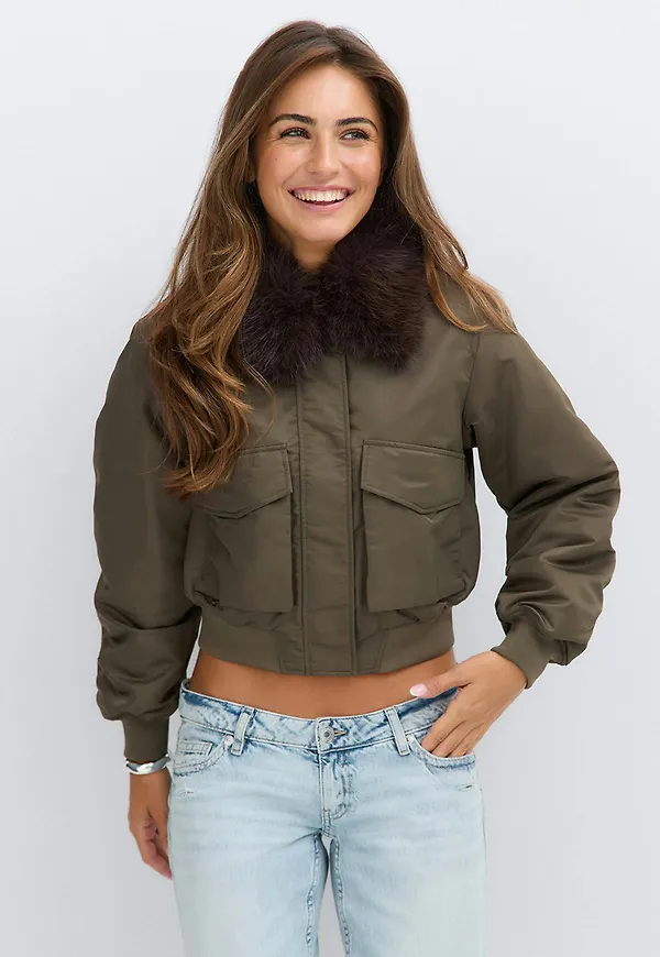 Gina Tricot - 14+ fur bomber jacket - jackor - Grön - XXS - Dam
