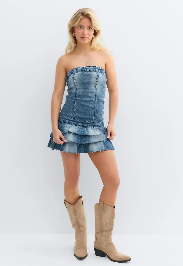 Gina Tricot - 14+ jeanqueen frill dress - klänningar - Blå - L - Dam
