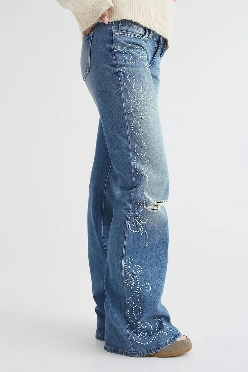 Gina Tricot - 14+ rhinestone jeans tall - tall jeans - Blå - XXS - Dam