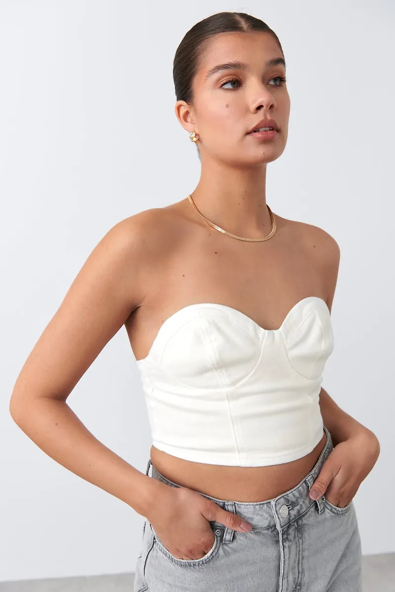 Gina Tricot - Denim bustier - linnen - White - XL - Female