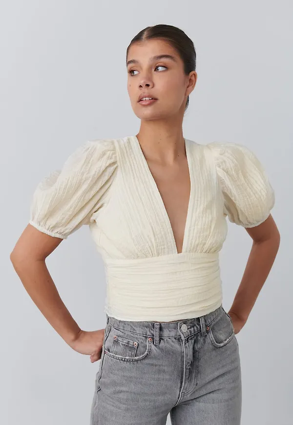 Gina Tricot - Puff sleeve top - toppar - White - XL - Female