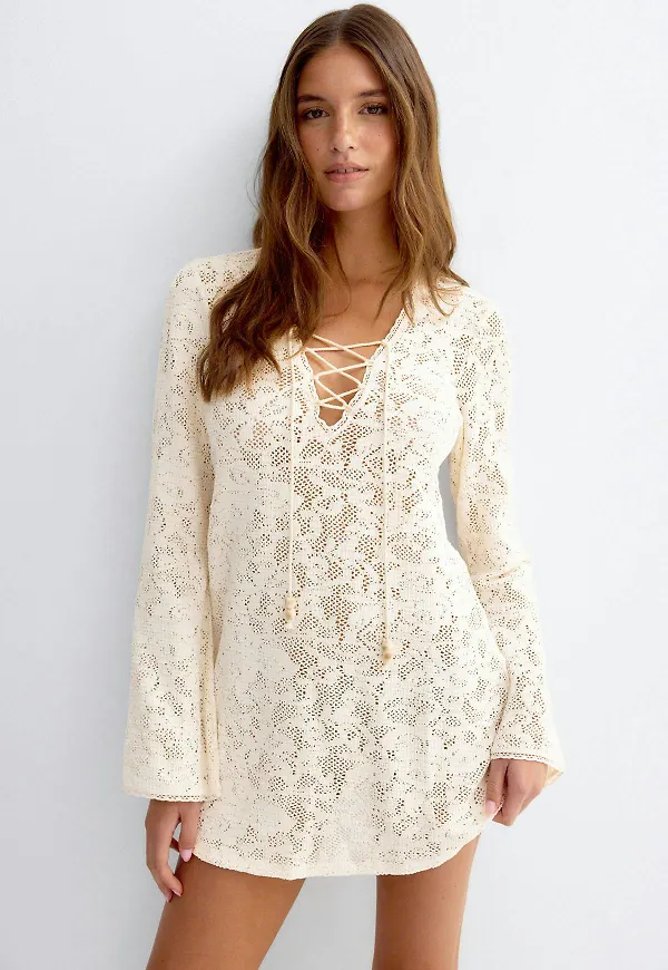 Gina Tricot - Beach crochet lacing dress - miniklänningar - Vit - XL - Dam
