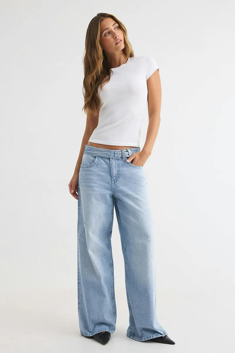 Gina Tricot - Buckle baggy jeans - Baggy & loose jeans - Blå - 32 - Dam