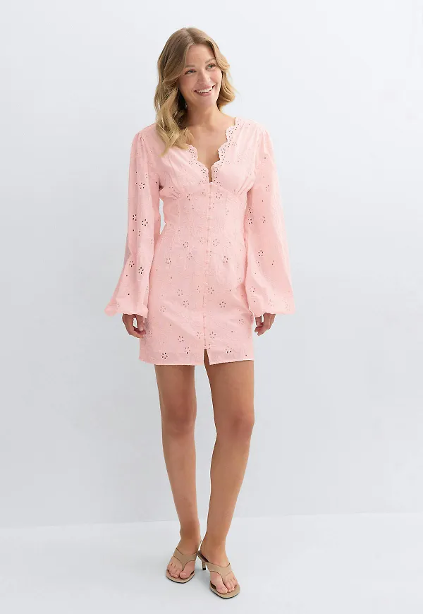 Gina Tricot - Embroidered mini dress - miniklänningar - Rosa - 38 - Dam